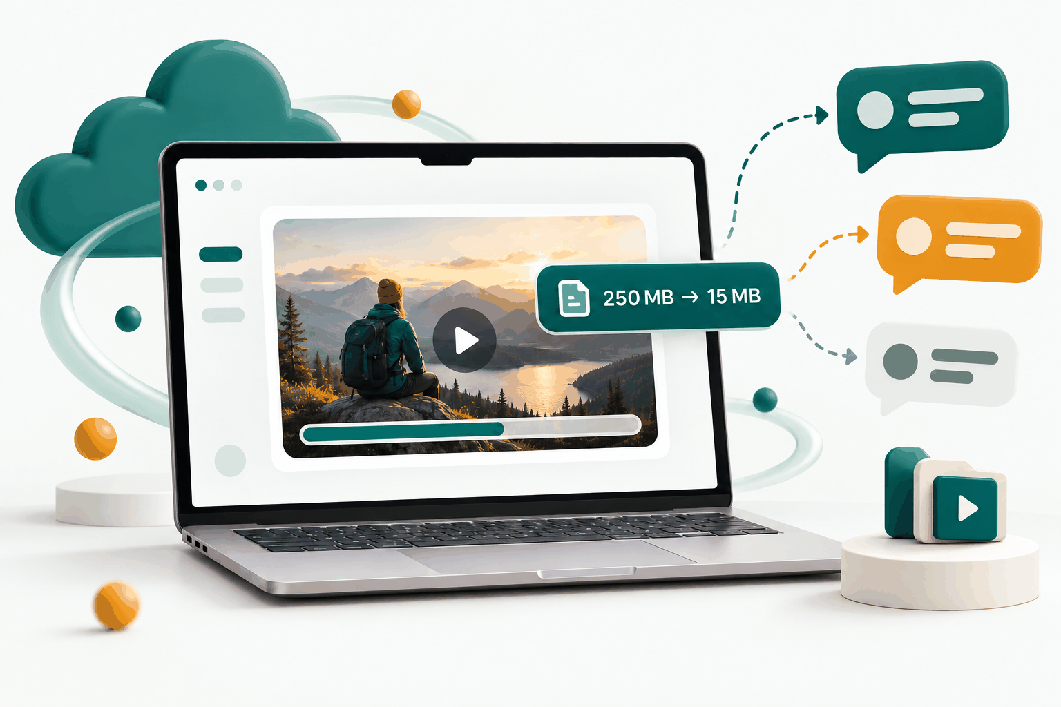 Video compressor shrinking a 250 MB video to 15 MB in the browser for WhatsApp, email and Discord